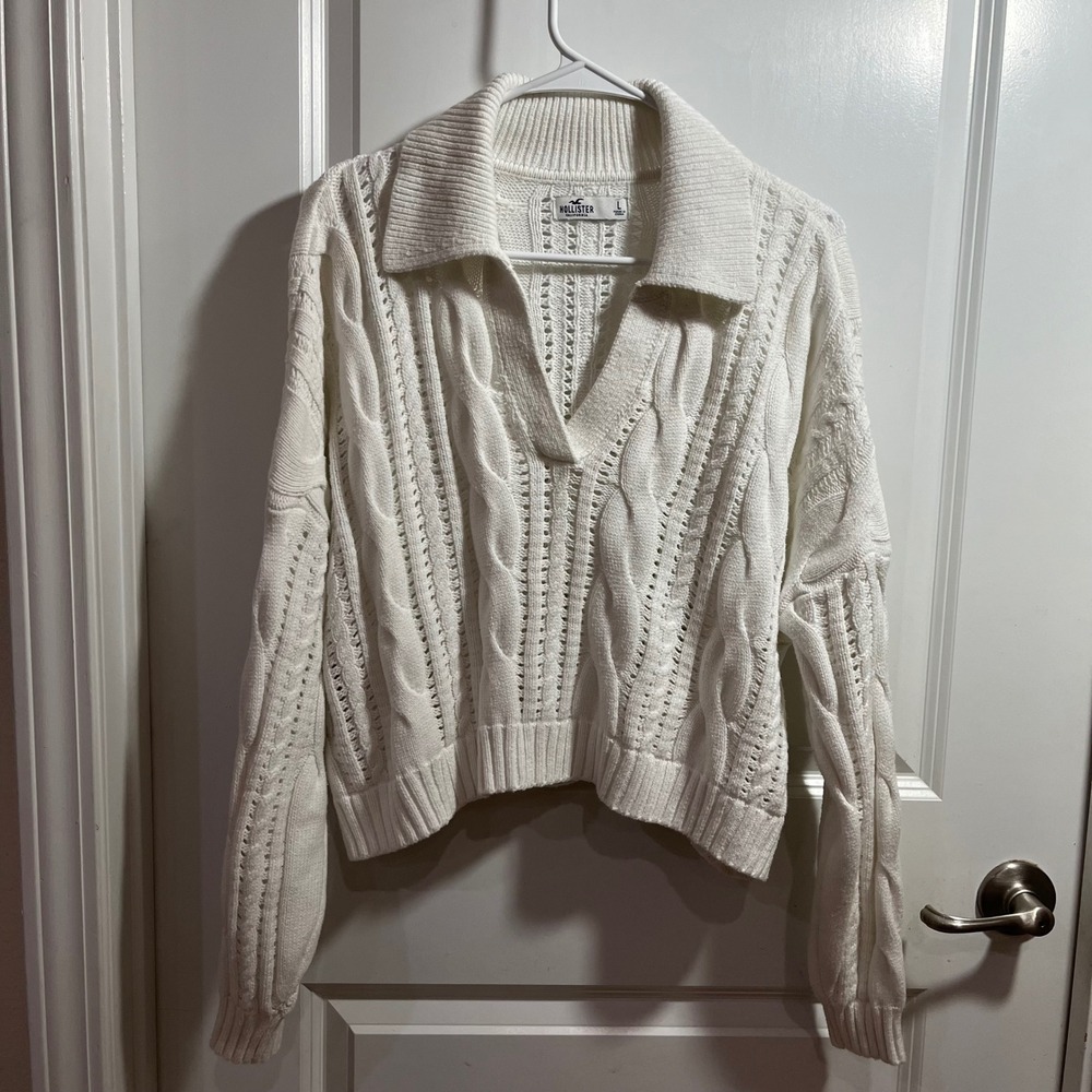 Hollister White Cable Knit Polo Sweater V-Neck Open Knit Cropped Large